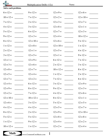 12s (horizontal) Worksheet - Multiplication Drills (12s) worksheet